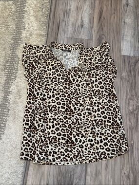 Adrianna Papell Leopard Print Ruffle Sleeve Top - Beige/Brown/Black